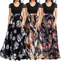 Fashion Floral Printed Round Neck Lace Spliced Bodice Maxi Dress