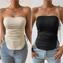 Sexy Solid Color Strapless Side Drawstring Shirt