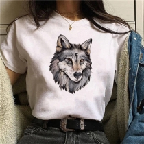 Fashion Wolf Printed Round Neck Short Sleeve Shirt