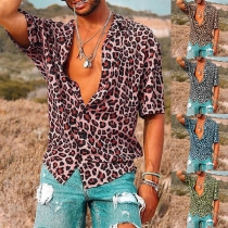 Fashion Leopard Printed V-neck Short Sleeve Shirt for Men