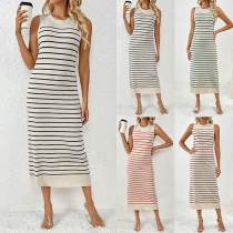 Casual Round Neck Sleeveless Stripe Pattern Knitted Bodycon Dress