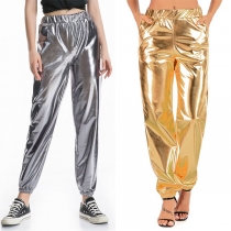 Fashion Bright-color Elastic Waist Artificial Leather PU Pants