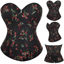 Vintage Floral Embroidery Front Buckle Back Lace-up Strapless Cinched Waist Corset