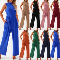Casual Mock Neck Sleeveless Ruched Straight-cut Jumpsuit