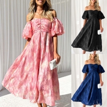 Fashion Floral Jacquard Off-the-shoulder Puff Short Sleeve Midi Dress