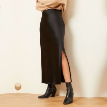 Elegant Solid Color Side Slit Satin Skirt
