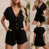 Casual Solid Color Button V-neck Short Sleeve Romper