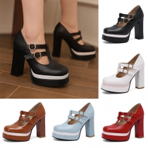 Fashion Contrast Color Round Toe Cutout Strappy Block Heeled Sandals