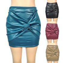 Street Fashion Cross-criss Ruched Artificial Leather PU Skirt