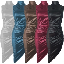 Fashion Turtleneck Sleeveless Irregular Hemline Bodycon Artificial Leather PU Dress