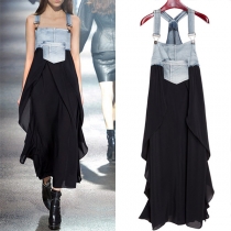Street Fashion Denim Spliced Chiffon Irregular Hemline Suspender Dress