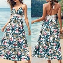 Fresh Style Floral Printed Halterneck Lace Spliced Backless Midi Dress