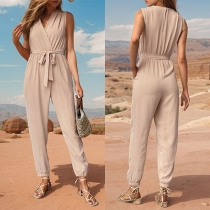 Fashion Solid Color V-neck Sleeveless Self-tie Jumpsuit
