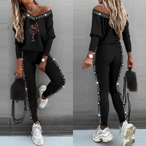 Fashion Bling-bling Rhinestone Two-piece Set Consist of V-neck Shirt and Pants