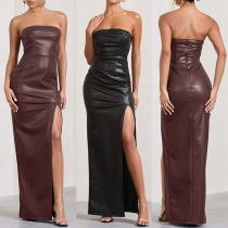 Sexy Strapless High-slit Artificial Leather PU Maxi Dress