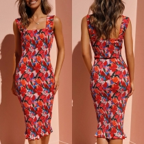 Fresh Style Floral Printed Square Neck Bodycon Dress