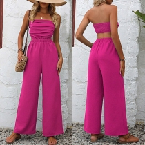 Sexy Strapless Ruched Smocked Backless Straight-cut Jumpsuit