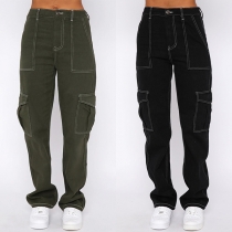 Street Fashion Side Patch Pockets Straight-cut Cargo Pants for Women