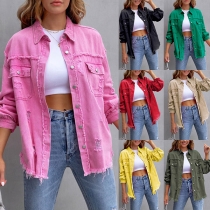 Street Fashion Bright Color Distreeted Stand Collar Long Sleeve Thin Denim Jacket