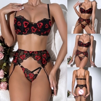 Sexy Heart Printed Lace Spliced Cutout Three-piece Lingerie Set