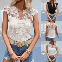 Fresh Style Floral Jacquard Lace Spliced Hollow Out V-neck Sleeveless Shirt