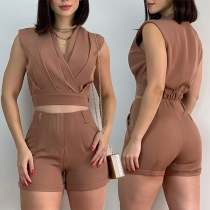Fashion Solid Color Two-piece Set Consist of Ruched Crop Top and Shorts (without Belt)