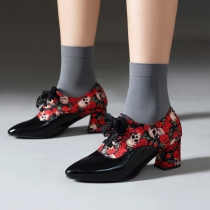 Punk Style Pointed-toe Skull Rose Printed Lace-up Block Heeled High-heeled Shoes