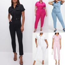Street Fashion Stand Collar Short Sleeve Patch Pockets High-rise Jumpsuit