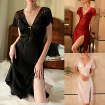 Comfy Sexy Lace Spliced V-neck Short Sleeve Slit Nightwear Dress