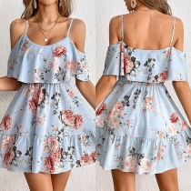 Fresh Style Floral Printed Open-shoulder Short Sleeve Ruffle Mini Dress