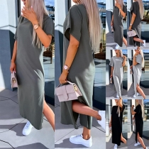 Casual Solid Color Round Neck Short Sleeve Slit Maxi Dress