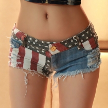 Sexy Low Waist American Flag Distressed Ripped Denim Shorts