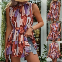 Fresh Style Contrast Color Printed Round Neck Sleeveless Ruffle Shirt