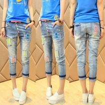 Fashion Embroidered Patch Capri Pants Jeans