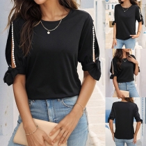 Street Fashion Lace Spliced Slit Elbow Sleeve Round Neck Shirt for Women