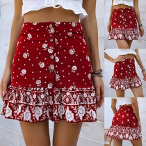 Fresh Style Floral Printed Button High-rise Mini Skirt