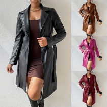 Street Fashion Notch Lapel Long Sleeve Self-tie Artificial Leather PU Jacket for Women