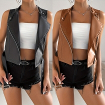Street Fashion Lapel Sleeveless Artificial Leather PU Vest