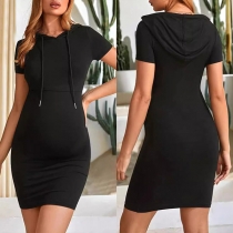 Fashion Solid Color Drawstring Hooded Short Sleeve Maternity Dress