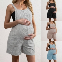 Comfy Solid Color Patch Pockets Maternity Romper