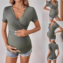 Fashion Solid Color V-neck Short Sleeve Front Cross Design Maternity Shirt