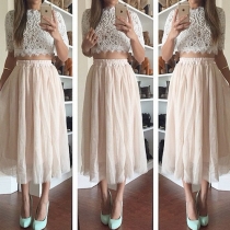Fashion Lace Tops + High Waist Skirt Two-piece Set