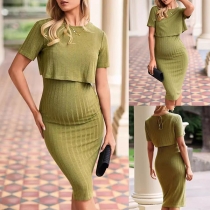 Fashion Ribbed Maternity Two-piece Set Consist of Crop Top and Bodycon Dress
