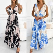 Fashion Floral Printed V-neck High-rise Pleated Maxi Dress