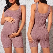Comfy Solid Color Square Neck Ribbed Maternity Romper