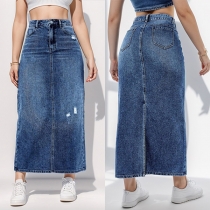 Vintage High-rise Old-washed Back Slit Maxi Denim Skirt