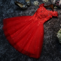 Fashion Bling-bling Lace Spliced Off-the-shoulder Gauze Tutu Party Dress