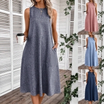 Casual Solid Color Halter Neck Sleeveless Patch Pockets Midi Dress