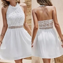 Sexy Halter Neck Lace Spliced Bodice Hollow Out Backless Mini Dress