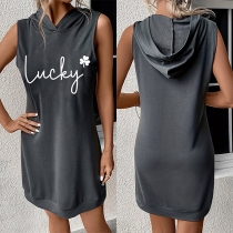 Casual Lucky-Letter Printed Sleeveless Hooded Dress